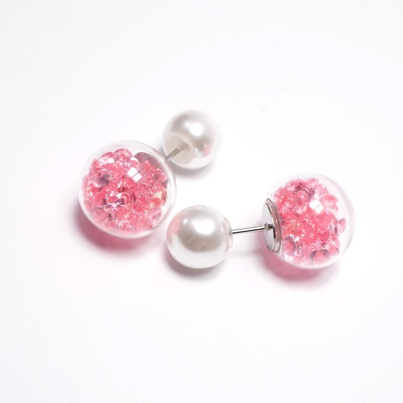 A Handmade pink crystal glass ball with pearl front and back ear studs - ต่างหู - แก้ว 