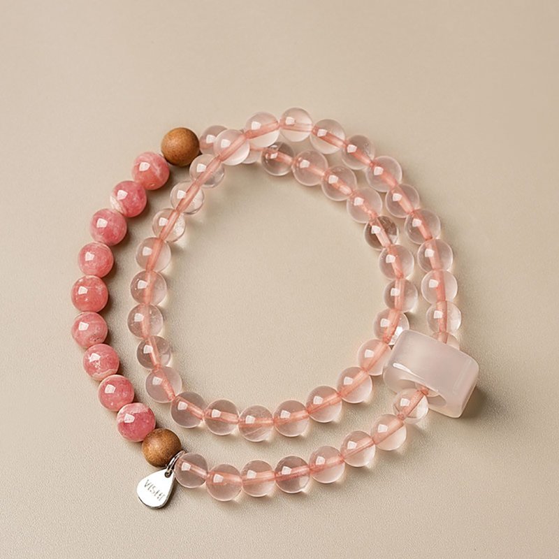 Natural rhodochrosite bracelet with two circles of positive peach pollen crystal bracelet high-quality independent design elegant temperament gift - Bracelets - Crystal Pink