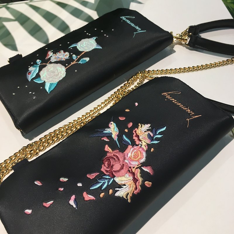 Wallet Wallet Embroidered Clutch Shoulder Waterproof Jingzhe Birthday Gift Box Gift Valentine's Day - Wallets - Nylon Black