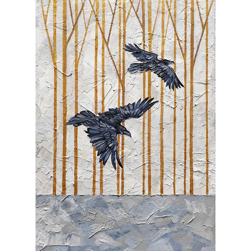 Raven painting forest hand-painted original painting oil painting crow wall art - Posters - Other Materials Gray