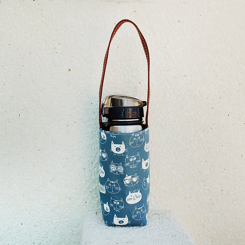 Cat head _ blue kettle bag - ถุงใส่กระติกนำ้ - ผ้าฝ้าย/ผ้าลินิน สีน้ำเงิน
