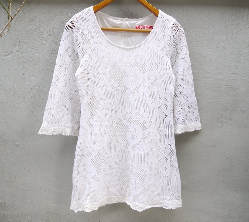 FOAK vintage openwork crochet small bridesmaid dress - One Piece Dresses - Cotton & Hemp White