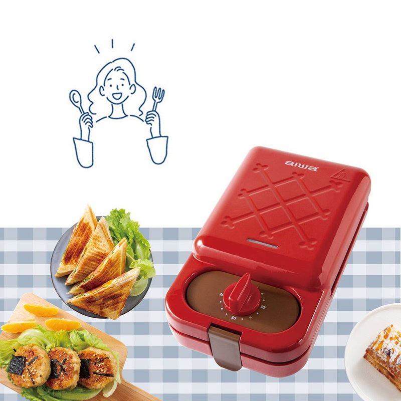 【AIWA】ASW2128 Aiwa Multi-Function Hot Press Timing Sandwich Waffle Maker - Kitchen Appliances - Other Materials Red