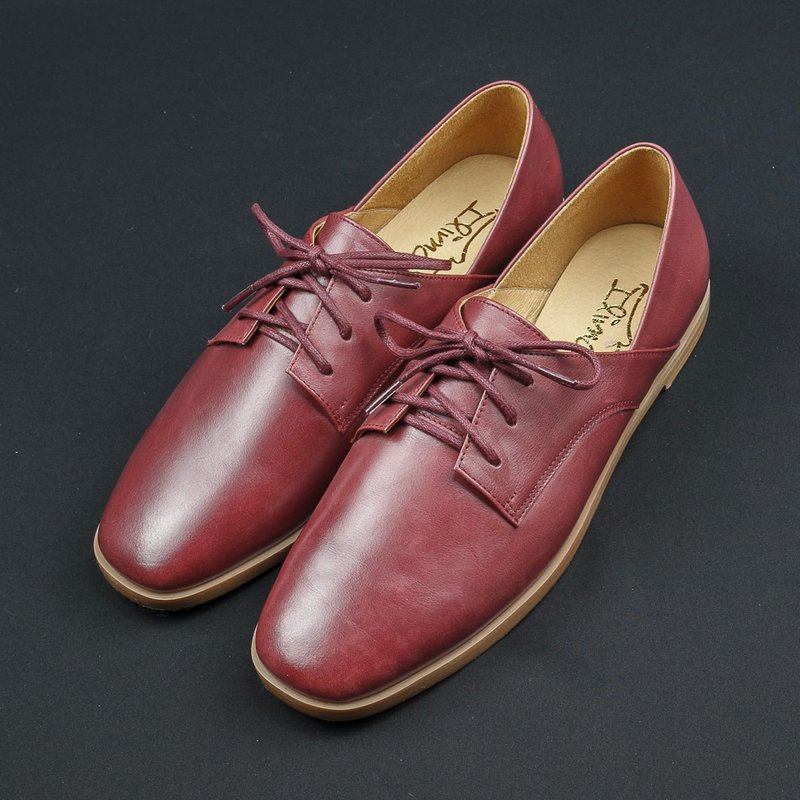 Elegant and rustic lace-up valley low-heeled shoes-reddish brown - รองเท้าลำลองผู้หญิง - หนังแท้ สีแดง