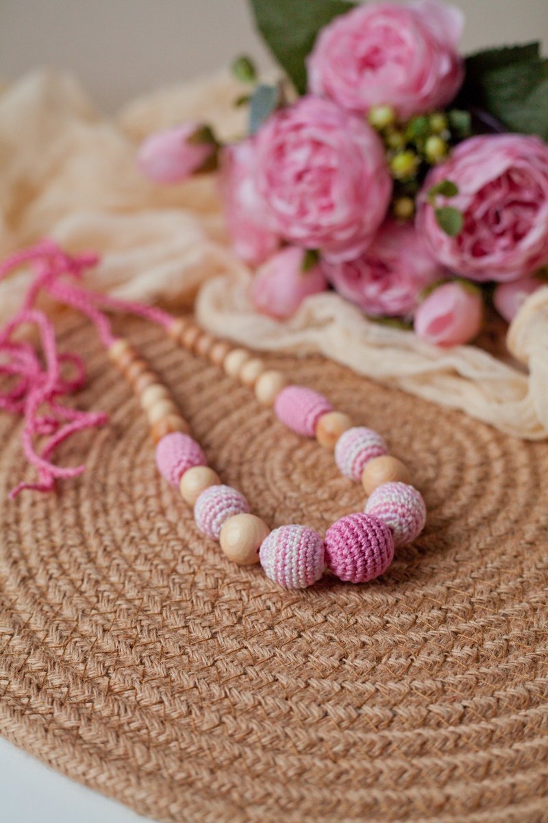 Pink Stripped Wooden Crochet Necklace - Modern Jewelry for Breastfeeding Mom - Necklaces - Wood Pink