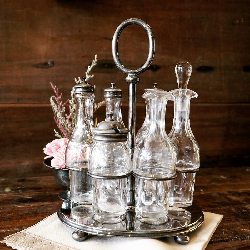 美國早期厚實玻璃調味罐六件組含鍍銀製提架（JS） - 調味罐/醬料罐 - 玻璃 透明