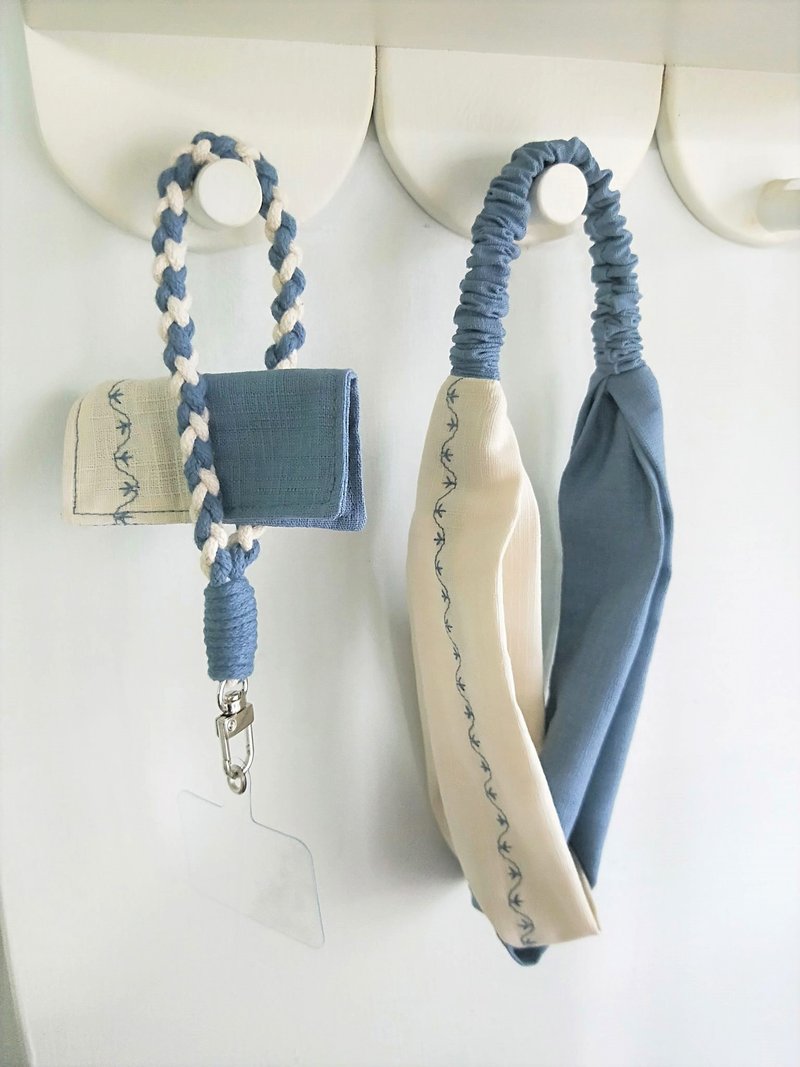 Cross hair band fine version-bud fog blue (electric embroidery) + mobile phone lanyard + coaster - Headbands - Cotton & Hemp Blue