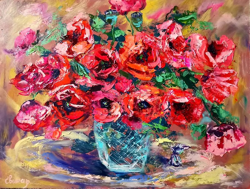 Poppies Glass Vase Candy Oil Painting Flower Impasto Original Artist Svinar Oksa - 其他 - 其他材質 多色