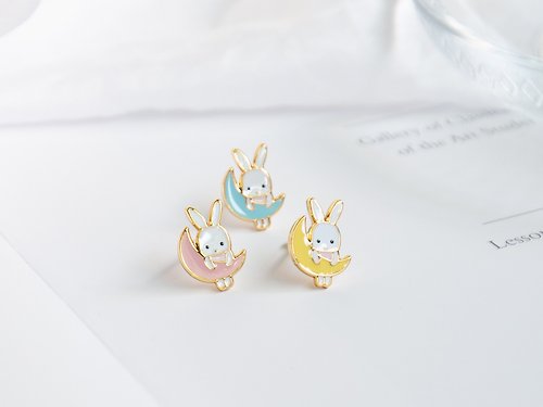 Little OH! 手工飾品 月亮兔 幸運花組合 生日禮物 紙盒包裝 夾式耳環 兔子 小花