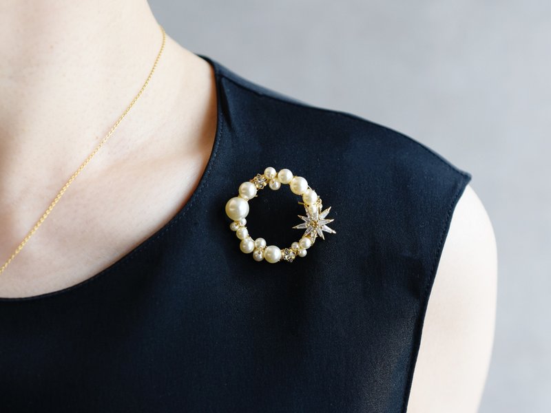 【ブローチ・Sサイズ】夜空の輝き 星 パール - 胸針 - 珍珠 白色