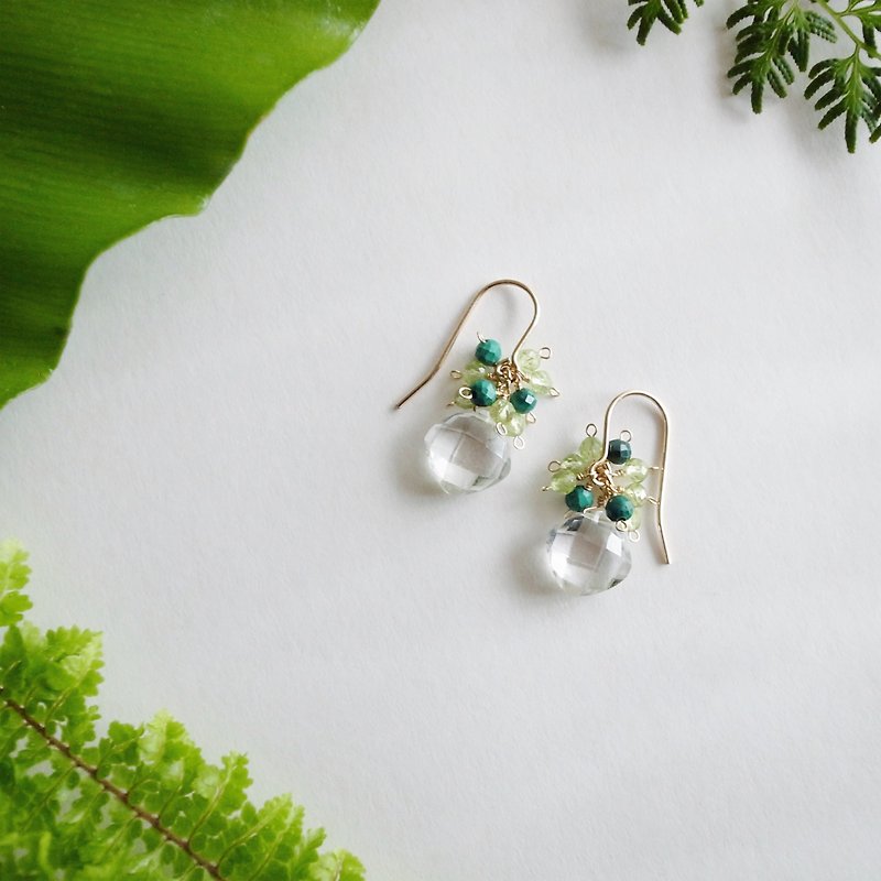 14KGF Malachite × Peridot × White Crystal Natural Stone Earrings - ต่างหู - เครื่องเพชรพลอย สีเขียว