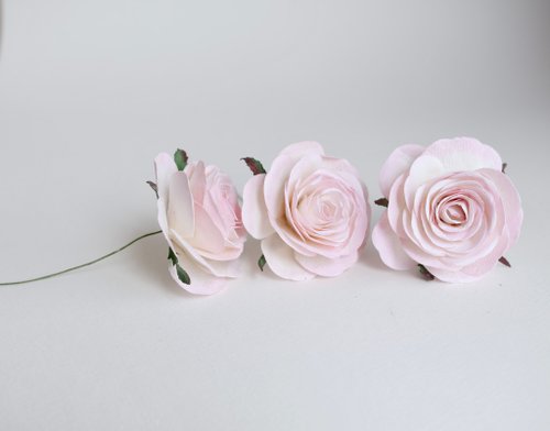 makemefrompaper Paper Flower, 3 pieces DIY big rose paper size 6.5 cm., pink brush white colors.