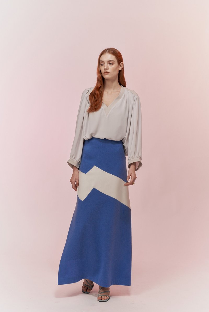 藍白毛料長裙 - 裙子/長裙 - 羊毛 白色