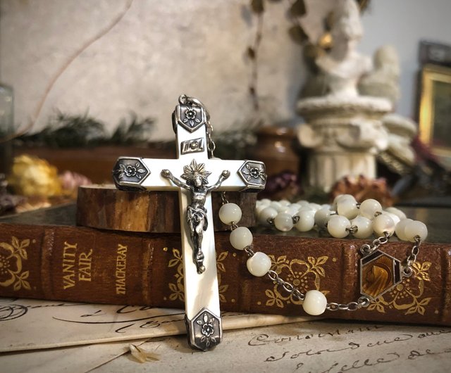 Antique Mother Of Pearl Rosary Stone Metal Cross Beads Vintage Christianity