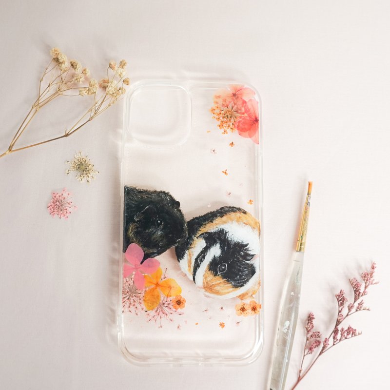 Tailor-made Hand-drawn Pet Pressed Flower Phone Case | Guinea Pig - Phone Cases - Plants & Flowers Pink