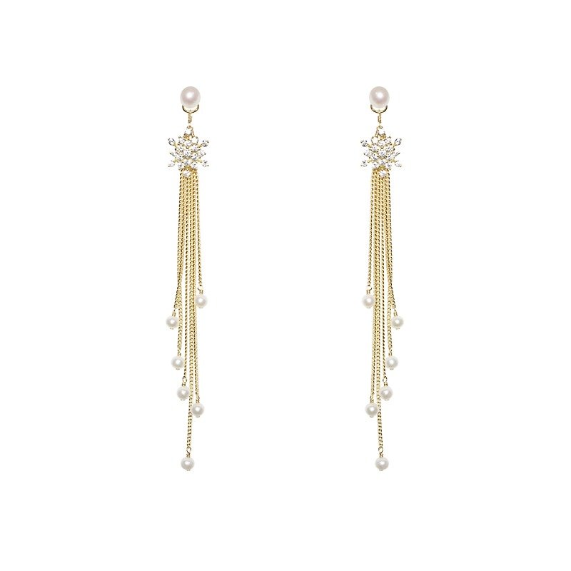 MissQueeny snowflakes tassel earrings natural pearl detachable - ต่างหู - โลหะ สีทอง