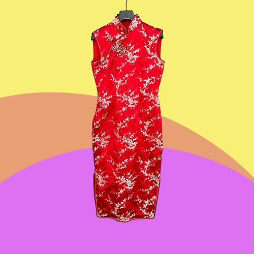 蘿綺莉蕾芭索 二手 少爺的最愛 古董訂製 紅色 緹花 緞面 無袖 旗袍 CA315