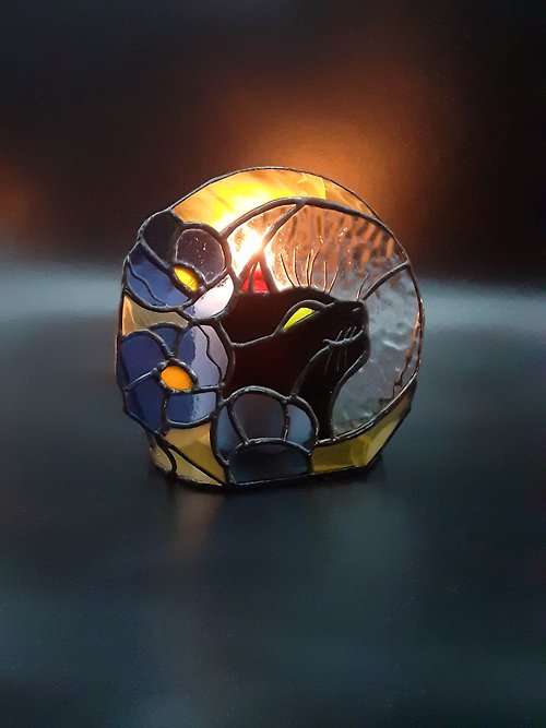 InariGlassStudio 月亮上的彩色玻璃黑貓茶蠟燭台花燈裝飾品