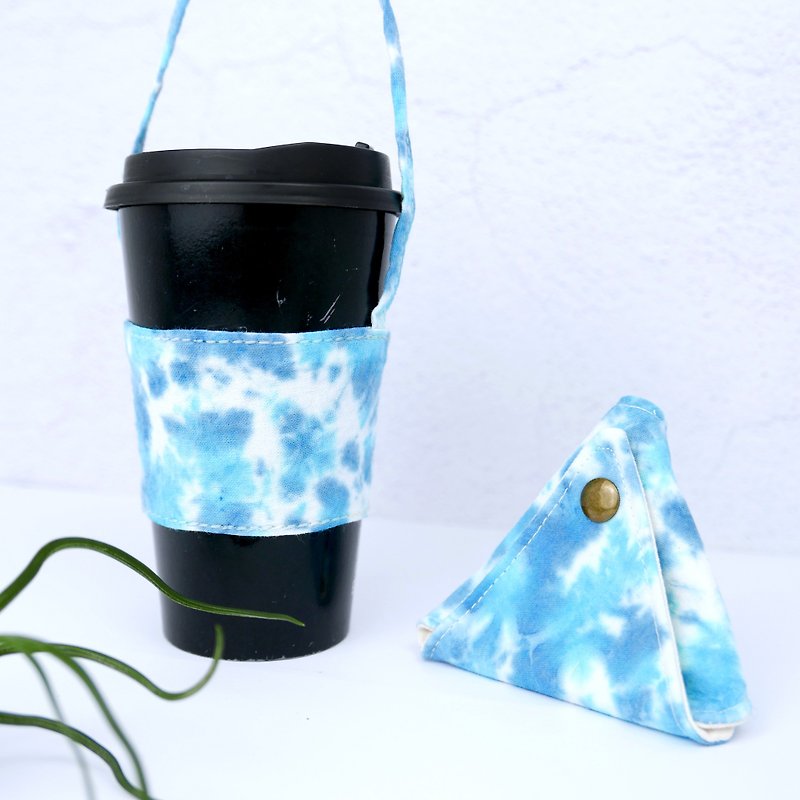 Xmas gifts package Tie dye Triangular Coin Case + Reusable Coffee Sleeve - ถุงใส่กระติกนำ้ - ผ้าฝ้าย/ผ้าลินิน สีน้ำเงิน