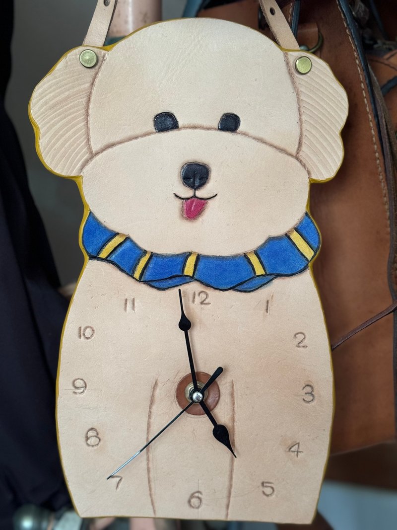 Customized exclusive poodle pure cowhide pet clock - นาฬิกา - หนังแท้ สีน้ำเงิน