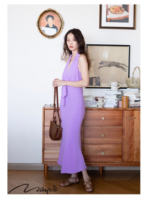 Mauve Studio Mauve Studio 23款時尚夢幻紫色連衣裙胸口系結掛脖修身彈力女裝
