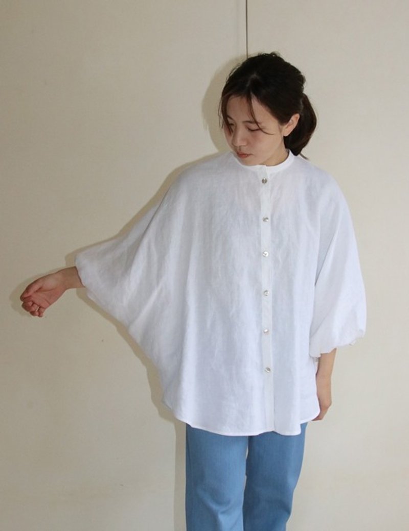 Band collar front open dolman sleeve blouse (off white) - Women's Tops - Cotton & Hemp 