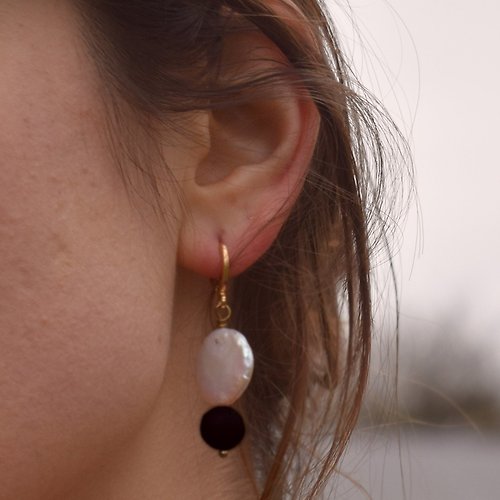 nlanlaVictory Coin freshwater pearl huggie earrings with black onyx | by Ifemi Jewels
