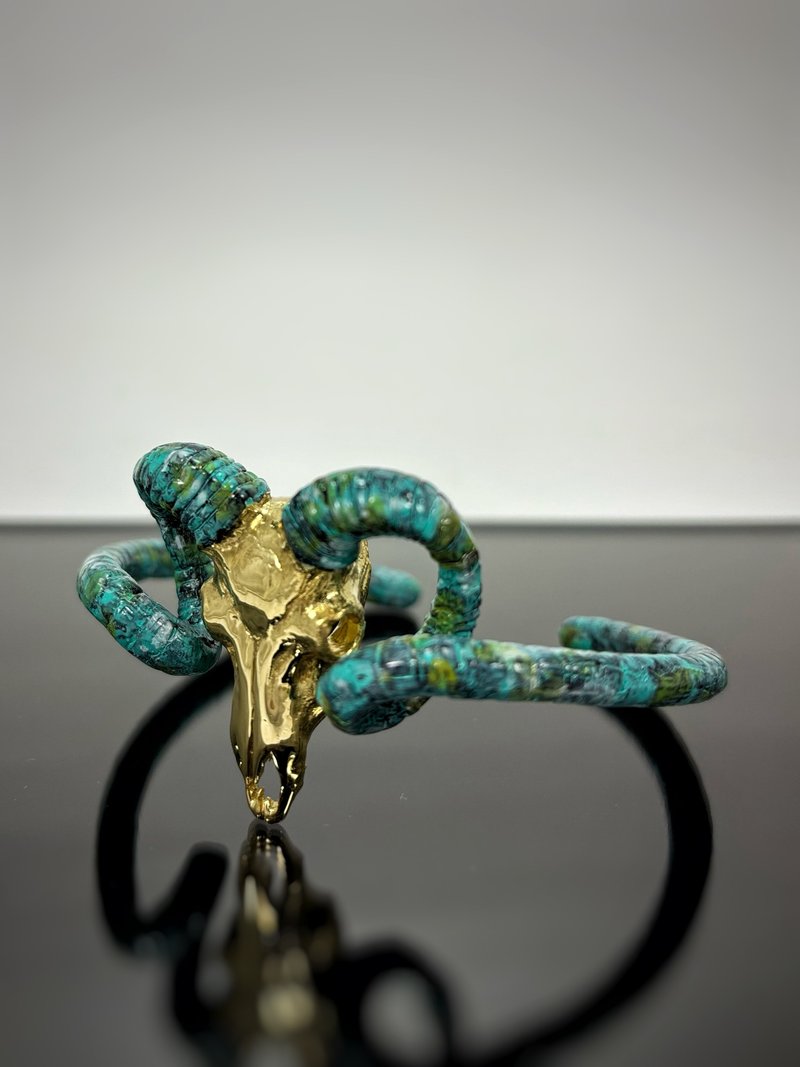 Brass Ram Goat Skull Patina Horns Bangle Bracelet, Available in 4 Colourways. - Bracelets - Other Metals 