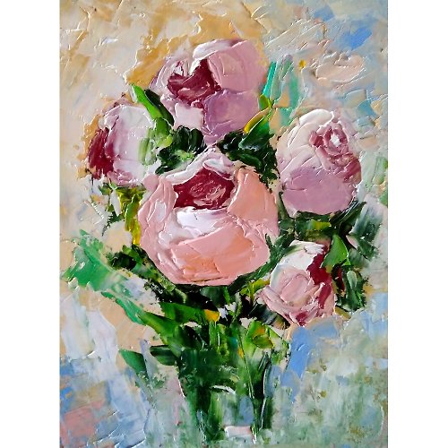 ColoredCatsArt Peonies Bouquet Original Painting, Pink Flower Wall Art, Small Floral Artwork