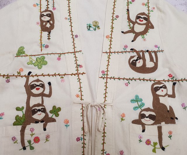 手刺繡カーディガン-コットン、ナマケモノ、フラワー - ショップ