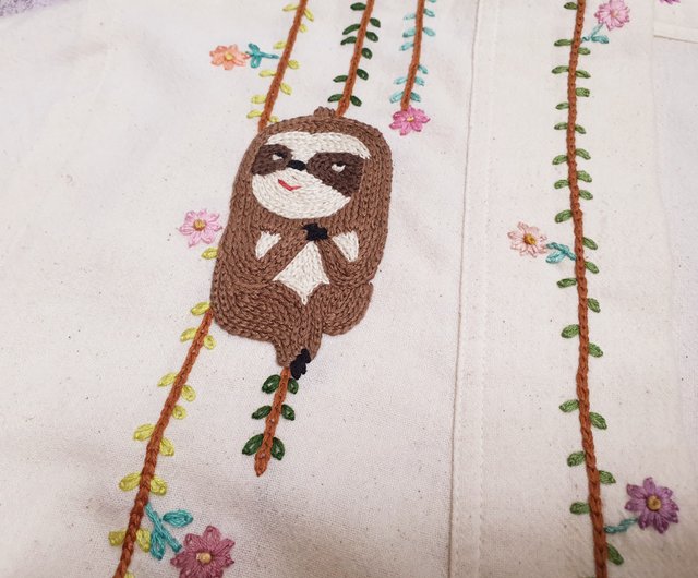 手刺繡カーディガン-コットン、ナマケモノ、フラワー - ショップ