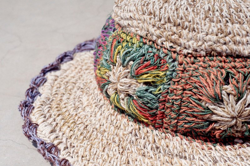 Limited manual hand-woven cotton Linen cap / knit cap / hat / visor - color woven flowers - Hats & Caps - Cotton & Hemp Multicolor
