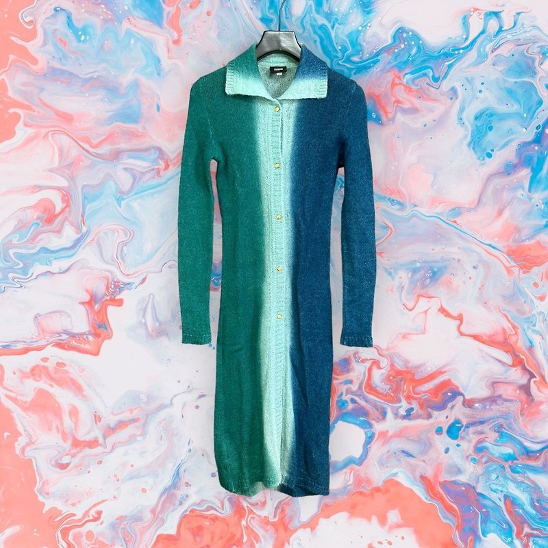 二手 義大利製 VERSACE 藍綠漸層色 針織 罩衫式 長袖 洋裝 G223B - 連身裙 - 聚酯纖維 多色