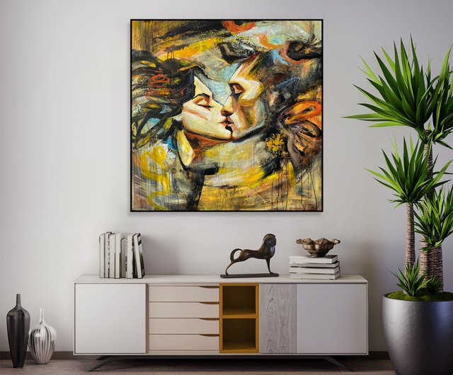 シックな絵画 2025年 大きな青い波の絵、手描きの黒い抽象画、手作りの青と白の油絵