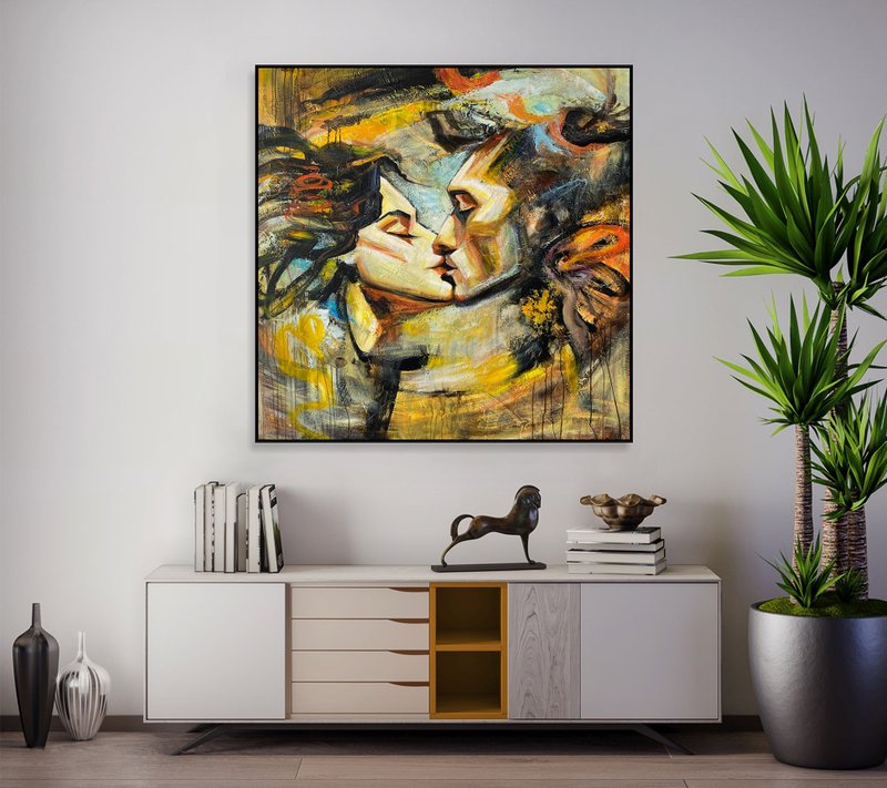 Passionate Kiss Abstract Couple Painting Bold Romantic Wall Art for Modern Home - ตกแต่งผนัง - อะคริลิค หลากหลายสี