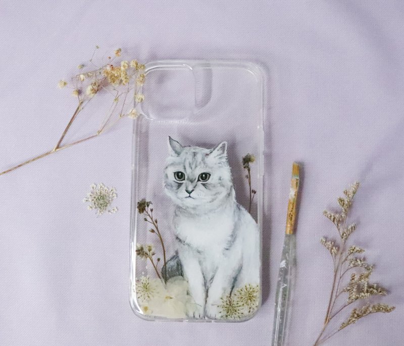 Tailor-made Hand-drawn Pet Pressed Flower Phone Case | British Shorthair Cat - Phone Cases - Plants & Flowers Gray