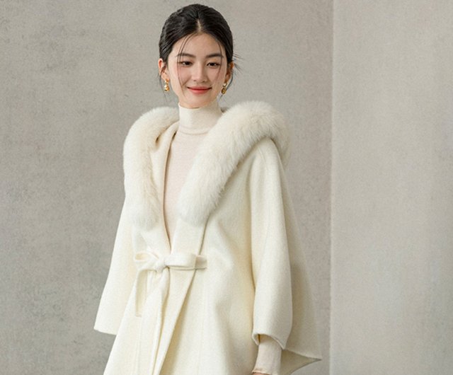 美品 FENDI フォックスファー バージンウール コクーンコート フォックスファー付バイカラーフードコート「K365」/ウール100