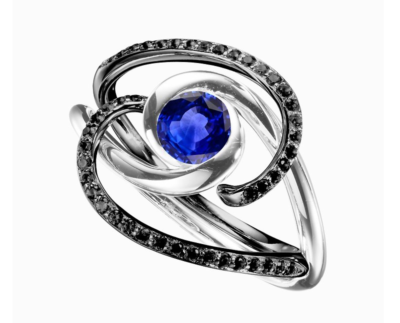 14k gold sapphire & black diamond engagement ring set. Bridal wedding band set. - แหวนทั่วไป - เครื่องประดับ สีน้ำเงิน