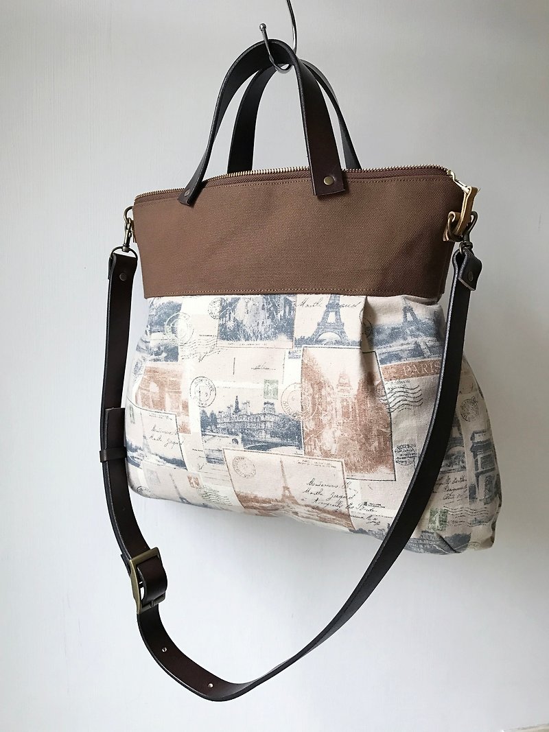 2 way leather leather strap dual-purpose shoulder bag hand-made bag handbag shoulder bag mother bag - กระเป๋าแมสเซนเจอร์ - ผ้าฝ้าย/ผ้าลินิน สีนำ้ตาล