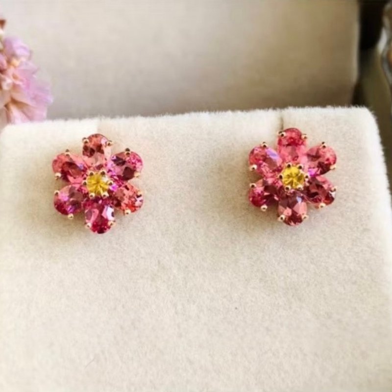 耳環/耳鉤, 花朵造型 (花卉系列), 粉紅色碧璽 - 耳環/耳夾/耳骨夾 - 半寶石 粉紅色