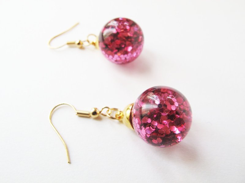 * Rosy Garden * Sweet pink glitter water inside glass ball earrings - Earrings & Clip-ons - Glass Pink