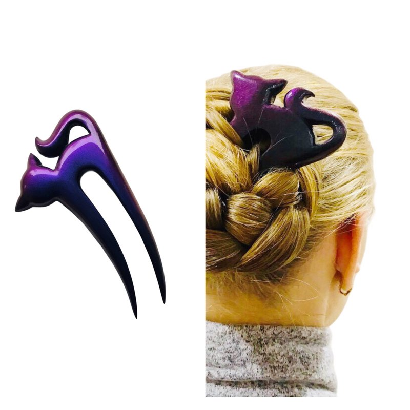 Wooden Hair Pin Purple Cat, U Shaped hair fork, Barrette with Animal, Bun Holder - 髮圈/髮夾 - 木頭 紫色