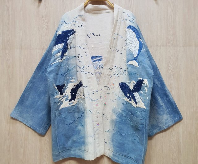 手刺繍カーディガン クジラ クラゲ アカエイ 雲 空 幻想 月 - ショップ