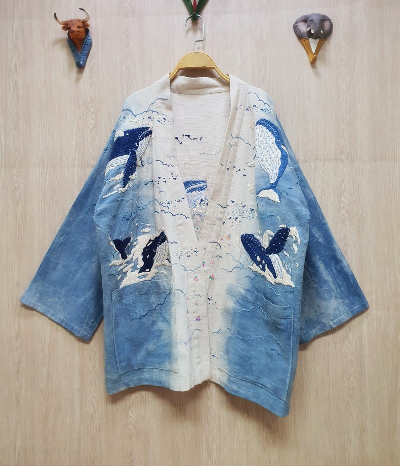 手工刺繡開衫、 鯨魚、 海蜇、 黃貂魚、 雲計算、 天空、 幻想、 - 女西裝外套 - 繡線 藍色