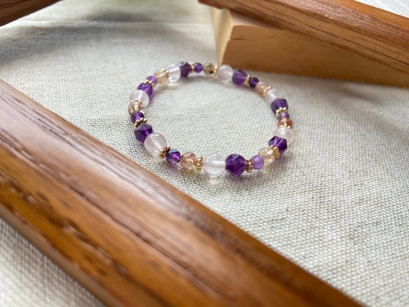 濃色紫水晶/星光粉晶/黑金超七 天然礦石手鍊 - 手鍊/手環 - 水晶 紫色