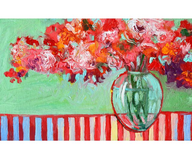 オリジナル油絵 桜の絵 花瓶の中の春の花 現代美術 - ショップ