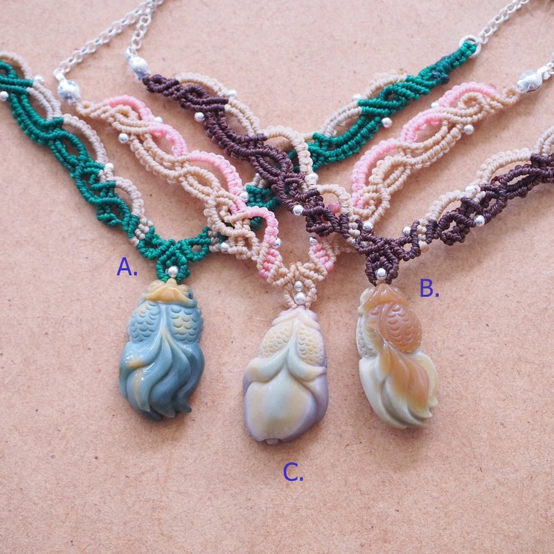 Natural Alashan agate carved Waxed Threads Sterling Silver Necklace - สร้อยคอทรง Collar - หยก หลากหลายสี