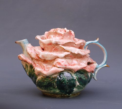 PorcelainShoppe Rose Art teapot Flower shaped teapot figurine Light pink Porcelain rose Flower