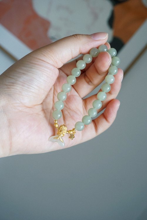 Angel's tears 天使之淚 Jewelry Design 天然和田玉 /和闐玉-晴水玉925銀鑲白玉美人魚設計單圈手串s