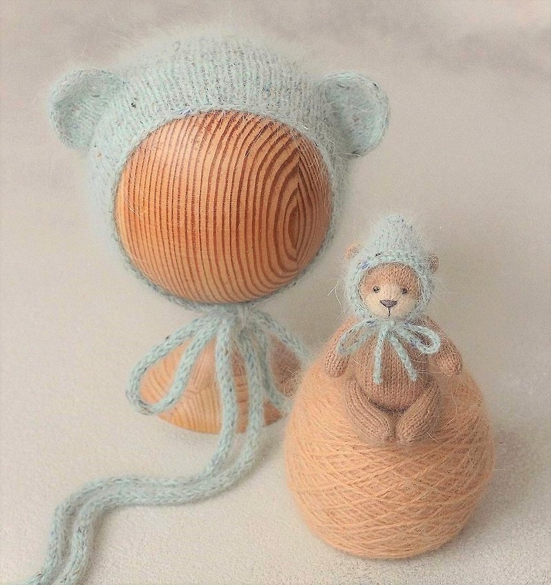 新生児セット：クマのおもちゃ+ボンネット - 知育玩具・ぬいぐるみ - ウール 多色